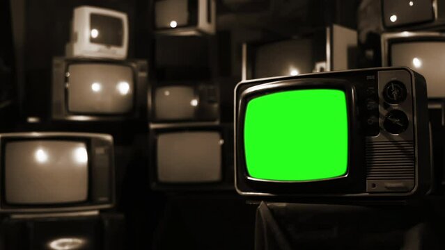 Retro TV Turning On Green Screen Among Many Retro TVs. Sepia Tone. 4K Resolution.