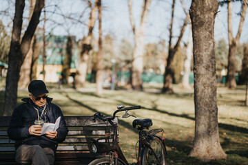 An elder gentleman relaxes with a book on a sunlit bench in the park, his trusty bike standing beside him, portraying leisure and tranquility in retirement.