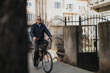 Active senior man enjoying bike ride outdoors in urban setting.