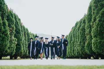 Young graduates in caps and gowns celebrate their achievements and milestones in a park. They...
