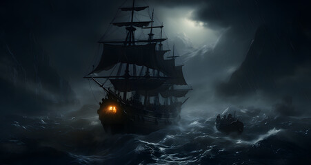 a pirate ship on a rough seas with a light shining in the sky - obrazy, fototapety, plakaty