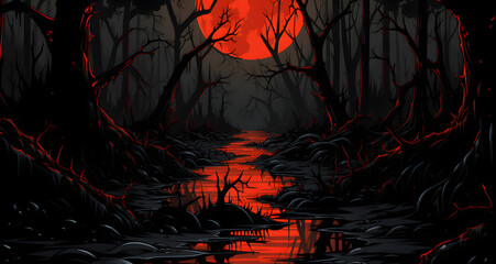 an animated illustration of a swamp under a blood moon