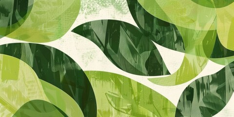 Abstract leaf design with bold waves and a textured, vintage overlay in shades of green, creating an eco-chic aesthetic.