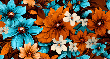 a colorful floral pattern in brown and orange - obrazy, fototapety, plakaty