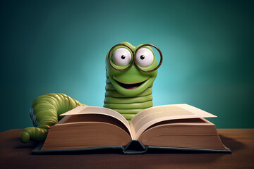 Green Bookworm with round glasses reading a book