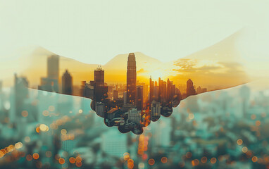 business team joining hands together city background double exposure