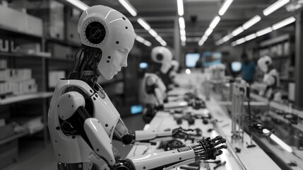 Fototapeta premium The robots are in various stages of completion, with engineers using advanced tools and holographic displays to guide their construction.