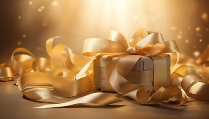 Shimmering Golden Gift Box: A Festive Celebration of Shining Surprises and Joy on a White Bokeh Background