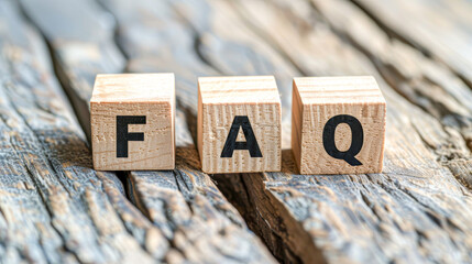 Wooden blocks on a textured surface spell out 'FAQ', symbolizing frequently asked questions and information access.