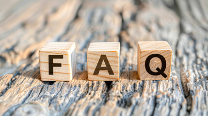 Wooden blocks on a textured surface spell out 'FAQ', symbolizing frequently asked questions and information access.
