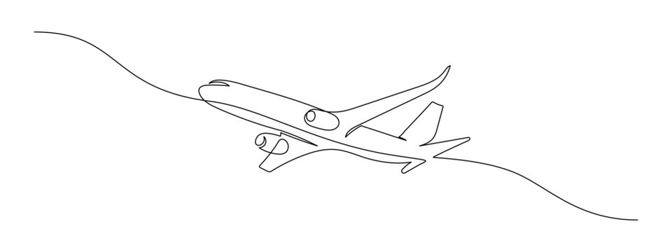 One continuous line drawing of Airplane path. Business Concept of world travel and international flight airline in simple linear style. Air plane trip in Editable stroke. Contour vector illustration