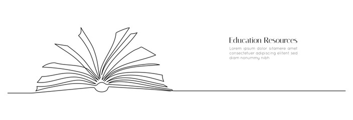 One continuous line drawing of Opened book. Education in school and library studying in simple linear style.Writing draft business in Editable stroke. Doodle vector illustration