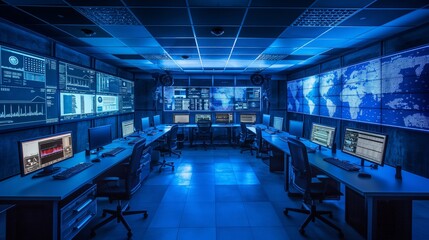 Training facility where cybersecurity professionals are engaged in a simulation exercise, facing off against virtual cyber threats.