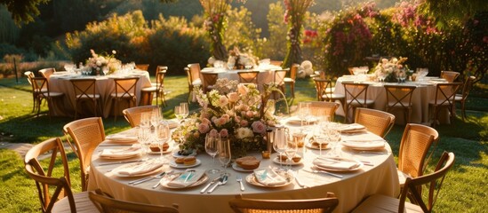 A round table is elegantly set up for a formal dinner outside, adorned with beautiful flowers, elegant cutlery, and surrounded by chairs in a meadow, possibly for a wedding banquet.