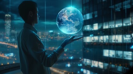 Business man has a digital, holographic globe hovering above his open hand. This represents global thinking and international business strategies. - obrazy, fototapety, plakaty