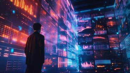  Trader in a futuristic trading floor environment, surrounded by holographic displays of financial markets.