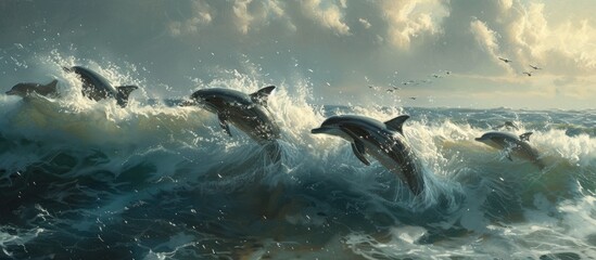 A dynamic scene of a group of dolphins swimming and playing in the oceans waves. The dolphins gracefully move through the water, their sleek bodies cutting through the blue ocean waves as they leap