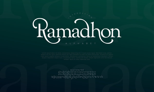 Romadhon premium luxury romadhon alphabet letters and numbers. Elegant wedding typography islamic ramadan serif font decorative vintage retro. Creative vector illustration