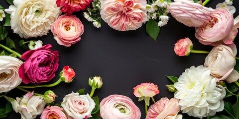 roses, peonies and ranunculuses frame on a pastel black background, celebration