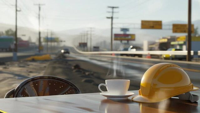 view of a cup coffe with safety helmet on the construction. samless looping 4k time lapse, animation video background
