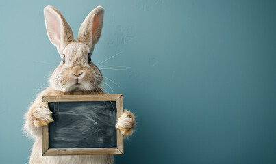 An adorable anthropomorphic gray Easter bunny holding a black chalkboard against a blue background, for writing messages, restaurant menu.empty frame.
