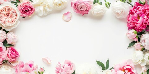 Fototapeta na wymiar roses, peonies and ranunculuses frame on a pastel white background, celebration