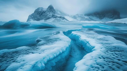 Raamstickers Icy Arctic Landscape: A frozen world with mountains, glaciers, and icebergs , reflecting the beauty of winter nature under a blue sky © Jeeraphat