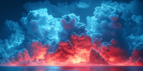 Dramatic Apocalyptic Sky with Intense Red and Blue Clouds Reflecting on Ocean, Ideal for Concept Art and Creative Backgrounds - obrazy, fototapety, plakaty