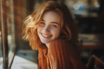 A smiling woman with short, wavy hair wearing a warm, knitted sweater, bathed in soft sunlight