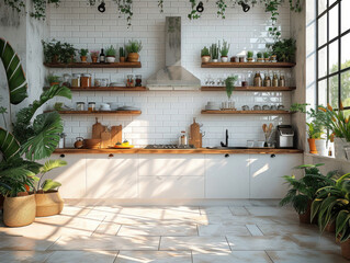 kitchen Interior featuring architecture, wood furniture, flowers, and a cozy atmosphere