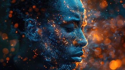 Close-up portrait of a man with his face covered in shimmering blue and gold glitter, emphasizing the artistic representation of figure embodiment.