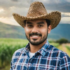 Fototapeta premium A farmer with a cowboy hat on standing out in the field