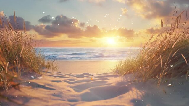beautiful sunset with beach view. sand dunes on the beach at sunset seamless looping overlay 4k virtual video animation background 
