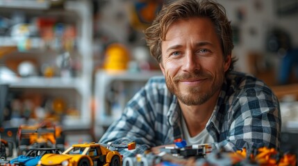 A stylish man exudes joy as he holds toy cars, showcasing his love for play and attention to detail in his indoor setting