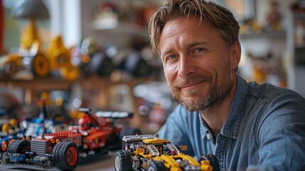 A joyful man proudly displays his collection of toy cars, with a playful twinkle in his eye and a perfectly groomed beard adding to his charm
