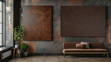 Fototapeta na wymiar brown canvas art on a wall, wooden frame for the canvas, English modern interior, unsplash, horizontal 16:9, flat, clear view, no shadows