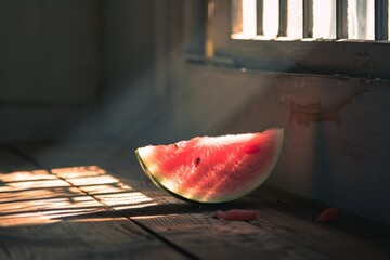 Amidst the bustling city, a refreshing slice of watermelon sits on a rustic table, beckoning with its juicy red flesh and hint of summer sweetness - Powered by Adobe