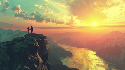 Happy couple watching the sunset in the mountains