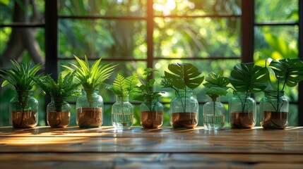 A display of lush green houseplants in transparent glass jars, arranged on a table by the window, adds a touch of nature and freshness to the indoor space