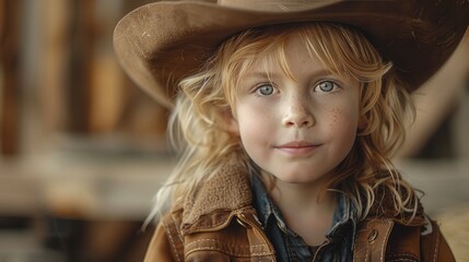 A young girl exudes confidence and charm in her outdoor portrait, donning a stylish cowboy hat as a fashion accessory while showcasing her adorable face and curly hair