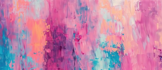 This artwork showcases a vibrant abstract oil painting with dominant pink and blue hues. The canvas is filled with textured brushstrokes and a blend of the two colors creating a dynamic visual impact.