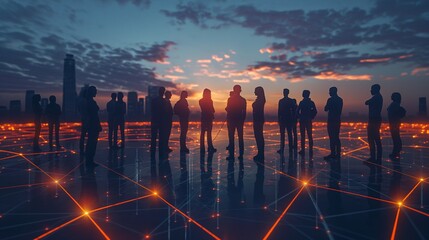 Group of diverse professionals standing in a circle, with glowing lines connecting them against a backdrop of a modern cityscape at twilight.  - Powered by Adobe