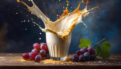 Kremowy napój jogurtowy , abstrakcyjne tło mleko i fioletowe owoce. Eksplozja owoców