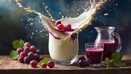 Napó jogurtowy , abstrakcyjne tło mleko i fioletowe owoce. Eksplozja owoców - obrazy, fototapety, plakaty