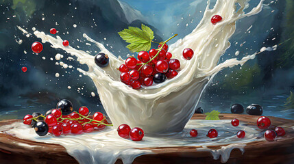 Słodki deser porzeczkowy, abstrakcyjne tło mleko i czerwone owoce. Eksplozja owoców - obrazy, fototapety, plakaty