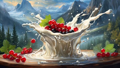 Deser porzeczkowy, abstrakcyjne tło mleko i czerwone owoce. Eksplozja owoców - obrazy, fototapety, plakaty