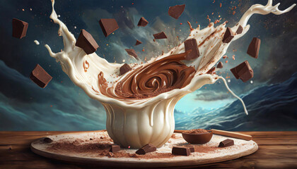 Deser czekoladowy, eksplozja mleka - obrazy, fototapety, plakaty