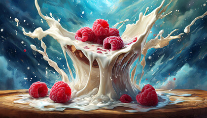 Słodki deser malinowy, abstrakcyjne tło mleko i czerwone owoce. Eksplozja owoców - obrazy, fototapety, plakaty