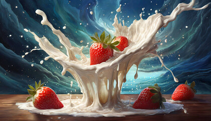 Słodki deser truskawkowy, abstrakcyjne tło mleko i czerwone owoce. Eksplozja owoców - obrazy, fototapety, plakaty
