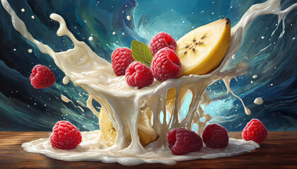 Deser malinowy, abstrakcyjne tło mleko i czerwone owoce. Eksplozja owoców